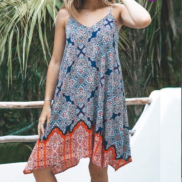 hippie chic Dresses & Skirts - 🌹SOLD🌹Indigo/Coral Geometric Handkerchief Dress